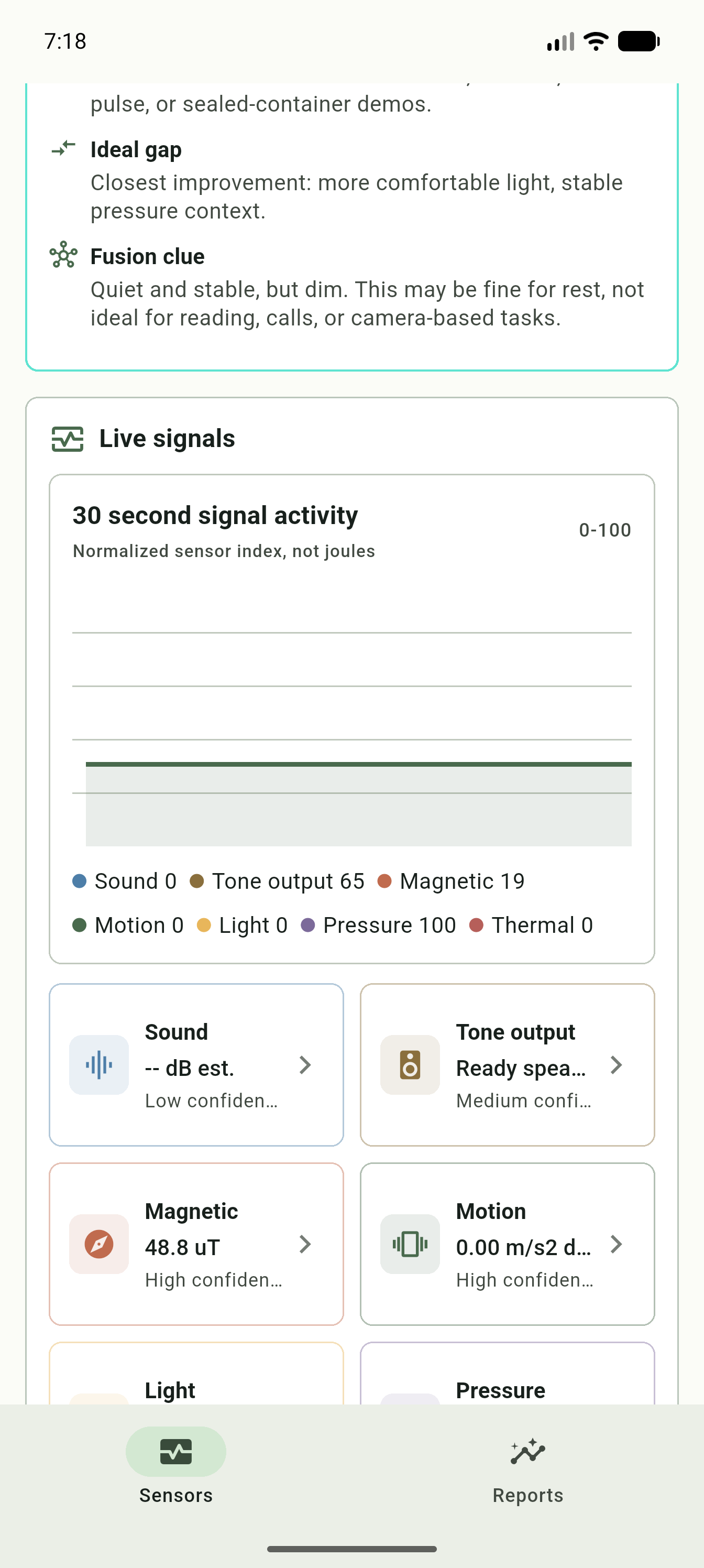 Live signal graph and sensor cards